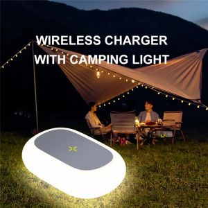 Chargers Wireless Charger Pad Stand Camping Light LED Night Lamp Light Rechargeable For Outdoor Tent Lamp Emergency Lantern Fast Charging