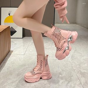 Повседневная обувь Bling White Women Chunky Sneakers Boots Boots Platform Hollow Hollow Pink-Up Lace-Up Leatherized