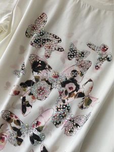 Women's T Shirts ElfStyle Ladies Silk Cotton Rhinestone Butterfly Printing Tees Top - 2024ss White O Neck Short Sleeve T-shirt