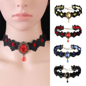 Colares góticos Bohemia Lace Tattoo Cara de gargantilha Women Women Vintage Black Red Blue Crystal Colares