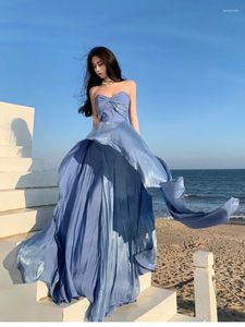 Casual Dresses Blue Birthday Party Dress Princess Style Summer Bankett Elegant Axless Beach High-End Sexig Long Prom for Girls