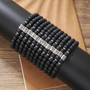 Strängar fashionabla 12 stjärntecken armband för kvinnor vintage 6mm lava sten pärla manlig elastisk handgjorda handkläder smycken tillbehör