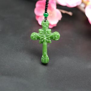 Naszyjniki Jezus Cross Naturalny zielony Jade Naszyjnik Chińskie ręcznie kandery