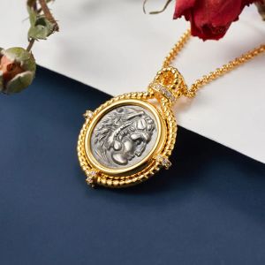 Necklaces Byzantine Solid 925 Silver Greek Antique Coin Replica Pendant 18K Gold Tone Roman Sculptures Rope Frame Necklaces C11N3S26056