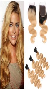 1B27 Honey Blonde Ombre Virgin Peruvian Human Hair Bundles Deals with Lace Closure 4x4 Body Wave Strawberry Blonde Ombre Human H4794916