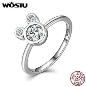 Wostu New Fashion Real 925 Sterling Silver Cute Sparkling Mouse Cartoon Rings for Women Girl Luxury Original Fine Jewelry CQR0327428430