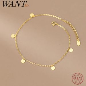 Anklets WANTME 925 Sterling Silver Minimalist Disc Cross Link Chain Anklet for Women Fashion Chic Girl Party Temperament Jewelry Gift