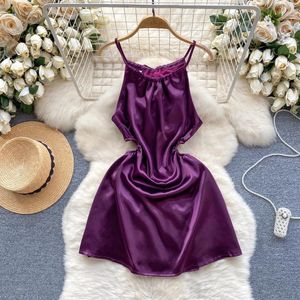 Casual Dresses Chic Sexy Elegant Slip Satin Dress A-Line Hollow Out Birthday Evening Party Summer Beach Voles Vestidos Women Sundress