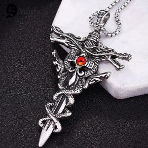 Ожерелья мода двойной дракон на меч титанового стального колье подвеска ретро -панк -кросс