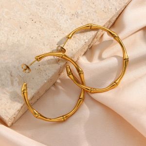 Ohrringe E.B.Belle Minimalist Basic Dünn Bambus Große Gold Reifen Ohrringe für Frauen Edelstahl Gold plattiert wasserdichte weibliche Frau Big Hoop