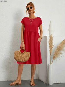 الثياب الحضرية المثيرة للنساء الفساتين غير الرسمية الصيفية نمط خمر أنثى O-رقص لون صلبة مريح طول الركبة مع جيوب 2404