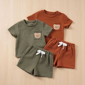 Clothing Sets Baby Boy Summer Short Sleeve Suit Waffle Shorts Two Piece Bear Pocket Casual Set 0-4Y Clothes H240423