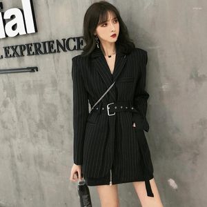 Women's Suits Fashion Striped Sashes Female Blazer Notched Full Sleeve Black Woemn Jacket Autumn Loose Suit Streetwear High Quality