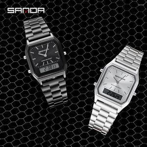 손목 시계 Sanda G 스타일 패션 디지털 쿼츠 시계 듀얼 디스플레이 올 스틸 시계 다이얼 주간 시간 남성 시계 방수 릴로지오