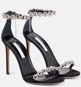 Aquazzu Brides Sandal Black High Heels Dress Shoe Love Link Link Sandal 105mm装飾されたサンダルホワイトカーフレザークリスタルストラップ高級デザイナー