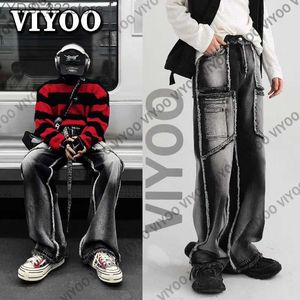 Women's Jeans Mens Y2K womens jeans oversized denim pants straight Trousers patches black Gothic luggage jeans Y2K street clothing Techwear mens yq240423