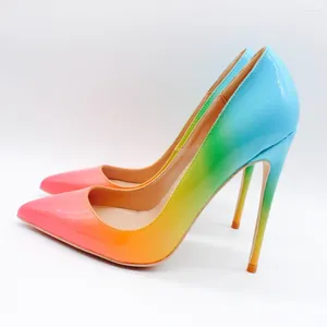 Sapatos de vestido Moda Mulheres bombas Lady Rainbow Shiny Leather Poe-Heels High Size33-43 12cm 10cm 8cm Stiletto