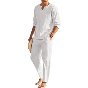 Calco di lino in cotone estivo da uomo Scempimento a maniche lunghe Henley Shirt elastico pantaloni da cantiere da loungewear 240412