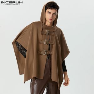 INCERUN Men Cloak Coats Solid Color Hooded Button Irregular Trench Ponchos Streetwear Loose Fashion Casual Male Cape S-5XL 240423