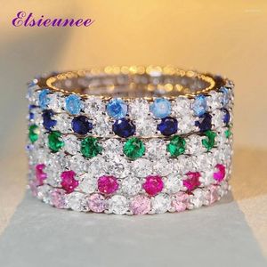 クラスターリングElsieunee 925 Sterling Silver0.2ct Round Cut Sapphire Emerald Diamonds Weddingbands Engagement Ring素晴らしいジュエリーギフト