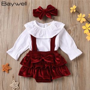 Defina Baywell Spring Autumn 3pcs/conjunto Roupas de menina infantil Ruffle Gollar Sleeve Long Top+Salia de Velvet Red+Banda Cabeça 024M