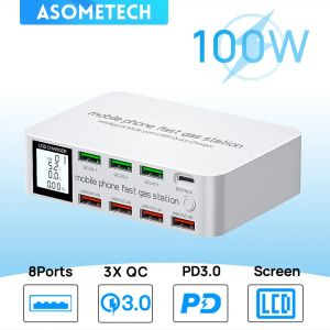 PolijSters 100 W Station ładujący USB z 3 QC3.0 Szybki Port USB 20W PD USB Port Port LCD Wyświetlacz szybka ładowarka dla iPhone'a Xiaomi