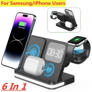 Şarj Cihazları 6 arada 1 kablosuz şarj cihazı iPhone Samsung S23 S22 Ultra Note Fold Galaxy Watch 5 4 Aktif Tomurcuklar Hızlı Şarj Dock İstasyonu