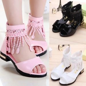 3 5 9 10 12 Years Kids Bow Sandals Children Girls Summer Cute Sandals Beach Princess Fashion High Heels Tassel School Shoes 240411