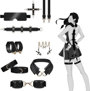Sex Toy BDSM Restraints, 9 PCS Bondage Set, Adult Toy BDSM Kit for Beginner and Advanced, Adult Game with Leather Texture Handcuffs, Collar, Ankle Cuff, Blindfold,