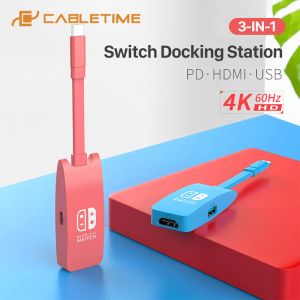 Hubs CableTime USB C Hub para Switch to HDMI 4K60HZ Carregamento rápido 5Gbps PD100W para Nintendo Docking para Switch Dell PC H16