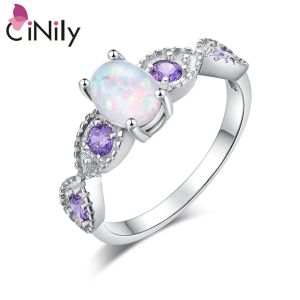 Bands CiNily White Fire Opal Oval Stone Rings Silver Plated Lilac Purple Zirconia Crystal Engagement Wedding Fullyjewelled BOHO Woman