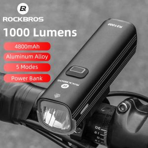 Lights Rockbros 1000 Lumens Bicycle Light MTB Road Bike LED Utrålkastare USB -laddningsbar ficklampa Lantern 4800 mAh Cykeltillbehör