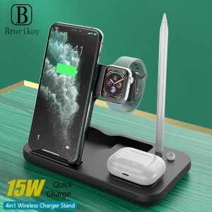Chargers 15W Wireless Charging Fold Stand For Apple Watch 6 5 4 3 iPhone 12 11 X XS XR 8 Airpods Pro 2 4in1 Wireless Charger Station Pad