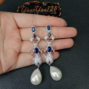 イヤリングYygem Animal Blue CZ Pave Insect Teardrop White Sea Shell Pearl Stud earrings Punk Style for Women