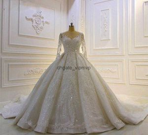 Modest Long Sleeve Ball Gown Wedding Dresses Bridal Gowns Sheer Jewel Neck Lace Appliqued Sequins Plus Size Robe De Mariee Custom Made
