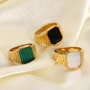 Gruplar Vintage Lüks Taş Yüzük Kadın Malakit Kabuk Kare Lady Ring Moda Paslanmaz Çelik Ins Style Mücevher Hediyeleri