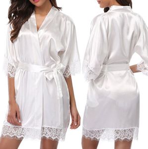 Kvinnor Icece Silk Pyjamas Retlar Sleepwear Nightgowns Half Sleeve Nightdress Black Lace Bathrobe Slät mjuk bekväm ren färg