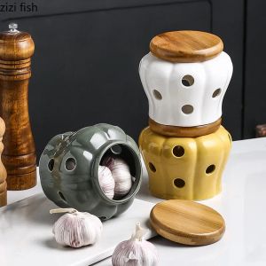 Jars Ceramic Garlic Ginger Jars Wooden Lid Refined Storage Tank Candles Jars Home Kitchen Solid Color Organizer Box Storage Container