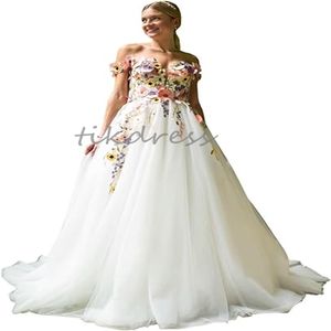 Fairy Boho bröllopsklänning med färgglada blommor eleganta av axlarna en linje gatsby bohemiska bröllopsklänningar tyll trädgård elvish viking brud klänning bohemian brud