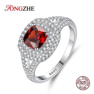 Rings TONGZHE Luxury Brand Red CZ Wedding Rings For Women Halo Solitaire 925 Sterling Silver Rings Indian Jewelry Anniversary Gift