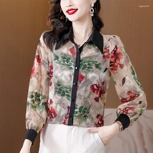 Blouses femininas aimeili seda amarela impressa camisa elegante 2024 Summer com lanterna de pescoço de verão