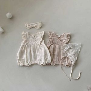 Rompers 2023 verão nova menina sem mangas Romper recém-nascido criança renda com princesa roupas infantis macacões casuais 0-24M H240423