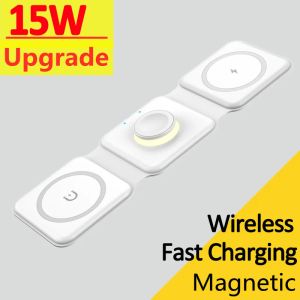Chargers 15W 3 in 1 Magnetic Wireless Charger Pad Stand Foldable For iPhone 14 13 12 Airpod Apple Watch 8 7 6 Fast Charging Dock Station