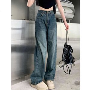 Jeans de perna larga para mulheres com cintura alta contrastante Pant stay Autumn Lady Loose Streetwear 240423