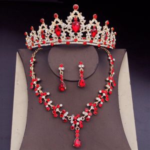 Halsband röd kristall brud smycken uppsättningar för kvinnor bröllop klänning tiaras krona örhängen halsband kostym smycken set brud tillbehör