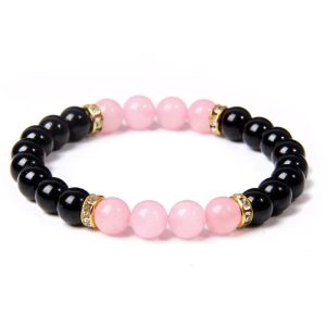 Fios de 8 mm de rosa rosa quartzs contas pulseira preta onyx vidro pérola rhodocrosite white uive bracelete AGAT vermelho para homens jóias homens jóias