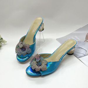 2024 women Ladies Genuine leather Rhinestone half heels sandals summer Flip-flops slipper slip-on wedding dress Gladiator shoes flower diamond Ballots size 36-41