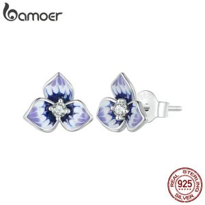 Earrings Bamoer 925 Sterling Silver Pansy Stud Earrings Fashion Purple Flower Earrings Enamel Process for Women Exquisite Party Jewelry