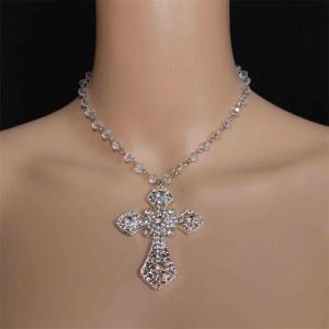 Halsband emo vampyr Big Cross White Crystal Choker Halsband Victorian Wedding Halsband Goth Punk Crystal Cross Metal smycken Tillbehör