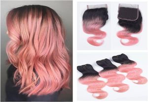 Brazilian Human Virgin Hair Two Tone 1b Rose Red Hair Bundles With Lace Closure Ombre Pink Hair With Closure 44 Lace Top Closure8579006